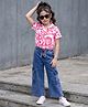 OLLINGTON ST. Cotton Knit Half Sleeves Printed Shirt Top & Denim Culottes Set - Multicolour & Blue