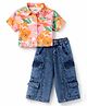 OLLINGTON ST. Cotton Woven Half Sleeves Floral Shirt Top & Denim Culottes With Pockets - Multicolour & Blue
