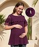 Bella Mama Woven Half Sleeves Solid Colour Maternity Top with Ruffle Detailing - Wine