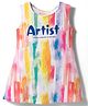 Doreme Single Jersey Knit Sleeveless Text Printed A Line Frock - White Pink Blue