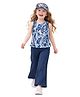 Tiara Cotton Spandex Sleeveless Paisley Printed Top With Bell Bottom Pant And Cap Set - Navy Blue