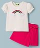 Tiara Cotton Jersey Knit Half Puffed Sleeves Rainbow Designed Sequins Embellished Top & Skort Set - Dark Pink