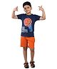 Clothe Funn Boys Cotton Knit Half Sleeve Basketball Printed Tee & Shorts Set- Navy Blue & Orange