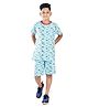 Clothe Funn Cotton Knit Half Sleeves Vehicles Printed Coordinating Tee & Shorts Night Suit - Blue