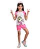 Clothe Funn Cotton Knit Half Sleeves Girl Printed Tee & Shorts Set - Ecru Melange & Pink