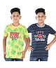 Clothe Funn Cotton Knit Pack Of 2 Half Sleeves Surf Club & Striped Lets Go To The Sea Text Printed Tees - Gold Navy Blue & Sky Blue