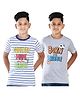 Clothe Funn Cotton Knit Pack Of 2 Half Sleeves Striped Coolest Dude On The Beach & Born To Dribble Text Printed Tees - Grey Melange White & Royal Blue