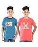 Clothe Funn Cotton Knit Pack Of 2 Half Sleeves Striped Surf Club & Lets Go To The Sea Text Printed Tees - Coral Teal Blue & Navy Blue