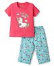Babyhug Cotton Knit Half Sleeves T-Shirt & Capri Night Suit with Unicorn Print - Pink & Blue