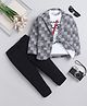 Fourfolds Cotton Blend Woven Full Sleeves Abstract Printed Blazer & Trousers With Tee Set - Charcoal Grey