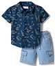 Babyhug Cotton Woven Denim Half Sleeves Shirt & Shorts Set With Dino Print - Blue