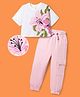 OLLINGTON ST. Cotton Knit Half Sleeves Top With Print & Joggers Set - White & Pink