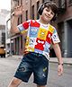 OLLINGTON ST. Sinker Knit Half Sleeves T-Shirt & Denim Shorts With Smiley Print - Multicolor