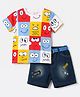OLLINGTON ST. Sinker Knit Half Sleeves T-Shirt & Denim Shorts With Smiley Print - Multicolor