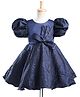 Bluebell Satin Woven Half Sleeves Party Dress With Bow Applique & Floral Design  - Navy Blue