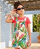 OLLINGTON ST. Cotton Twill Knit Tropical Theme Printed  Sleeveless Frock With Half Sleeves Inner Tee - Multicolour & Coral