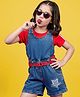 Ollington St. Cotton Knit Half Sleeves T-Shirt & Stretchable Denim Dungaree Shorts with Belt Text Print & Star Patch - Indigo & Red