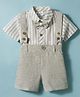 Mom's pet Cotton Knit Solid Dungaree With Half Sleeves Striped Shirt & Bow Set - Grey