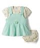 Mom's pet Cotton Knit Floral Applique Detailed Pinafore Dress With Half Sleeves Tee & Bloomers - Green