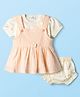 Mom's pet Cotton Knit Swiss Dots Embroidered Pinafore Dress With Half Sleeves Top & Bloomers - Peach