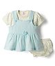 Mom's pet Cotton Knit Floral Applique Detailed Pinafore Dress With Half Sleeves Tee & Bloomers - Blue