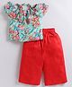 M'andy Georgette Woven Frill Sleeves Floral Printed Top & Pants Set - Multi Colour