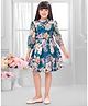 TINY BABY Satin Woven Three Fourth Puffed Sleeves Stone Embellished Floral Printed Dress With Belt - Blue
