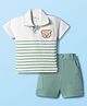 Mom's pet Cotton Knit Half Sleeves Placement Striped Polo Tee & Shorts Set - Green