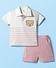 Mom's pet Cotton Knit Half Sleeves Placement Striped Polo Tee & Shorts Set - Pink