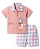Mom's pet Cotton Knit Half Sleeves Bunny Embroidered Polo Tee & Shorts Set - Peach