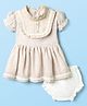 Mom's pet Cotton Knit Half Puffed Sleeves Checked & Lace Embellished Dress With Bloomers - Brown