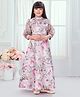 TINY BABY Satin Woven Three Fourth Sleeves Floral Printed Beads Embellished Gown With Belt - Cream