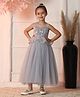 Toy Balloon Kids Satin Knit Sleeveless Leaves Glitter Printed & Floral Embroidered Gown - Grey