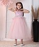 Toy Balloon Kids Satin Knit Sleeveless Leaves Glitter Printed & Floral Embroidered Gown -Peach