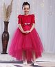 Toy Balloon Kids Velvet Knit Three Fourth Puffed Sleeves Sequin Embellished Bow Applique & Frill Detailed High Low Dress - Fuschia Pink
