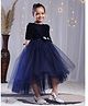 Toy Balloon Kids Velvet Knit Three Fourth Puffed Sleeves Sequin Embellished Bow Applique & Frill Detailed High Low Dress - Navy Blue