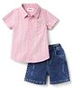 Babyhug Cotton Woven Half Sleeves Striped Shirt & Denim Shorts Set - Peach & Blue