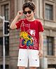 OLLINGTON ST. Cotton Sinker  Knit Half Sleeve Construction Vehicles Printed T-Shirt & Woven Shorts Set - Red & OffWhite