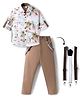 Rikidoos Cotton Knit Full Sleeves Tree Printed Party Shirt & Trouser Set With Bow & Suspender - White (Suspender May Vary)