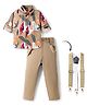 Rikidoos Cotton Knit Full Sleeves Leaf Printed Party Shirt & Trouser Set With Bow & Suspender - Khaki (Color May Vary)
