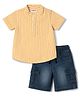 Babyhug Cotton Woven Half Sleeves Striped Shirt & Denim Shorts Set - Beige