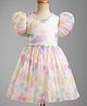 Mark & Mia Organza Woven Half Sleeves Printed Party Frock With Pearl Embellishment - Beige