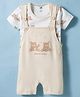 Pink Rabbit Interlock Knit Half Sleeves Above Knee Length Bear Printed Dungaree With Inner Tee - Beige