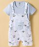 Pink Rabbit Interlock Knit Half Sleeves T-Shirt with Aeroplane Printed Dungaree Style Romper - Light Blue