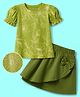 OLLINGTON ST. Cotton Knit Half Sleeves Top With Print & Skirt Set - Olive