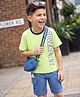 OLLINGTON ST. Sinker Knit Half Sleeves T-Shirt & Shorts Set With Text Print & Sling Bag - Limegreen & Blue