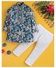 Jeet Ethnics Cotton Blend Knit Full Sleeves Floral Printed & Mirror Work Embellished Kurta & Pyjama Set - Blue