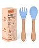 tutots Premium Silicone Wood Spoon & Fork Set BPA Free PVC Free - Silicone, Wood -Blue