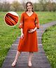 Bella Mama Viscose Woven Three Forth Sleeves Floral Embroidered Maternity Dress With Lace Detailing - Rust Orange