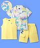 OLLINGTON ST. Cotton Knit Floral Printed Half Sleeves Shirt With Inner Tee & Shorts Set - Multicolour & Yellow